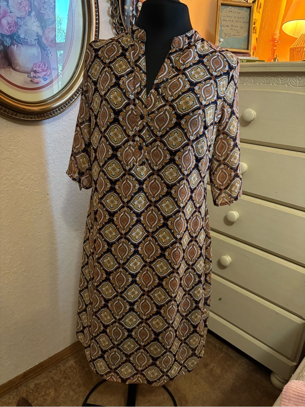 Enfocus Studio Brown and Cream Geometric Midi Dress